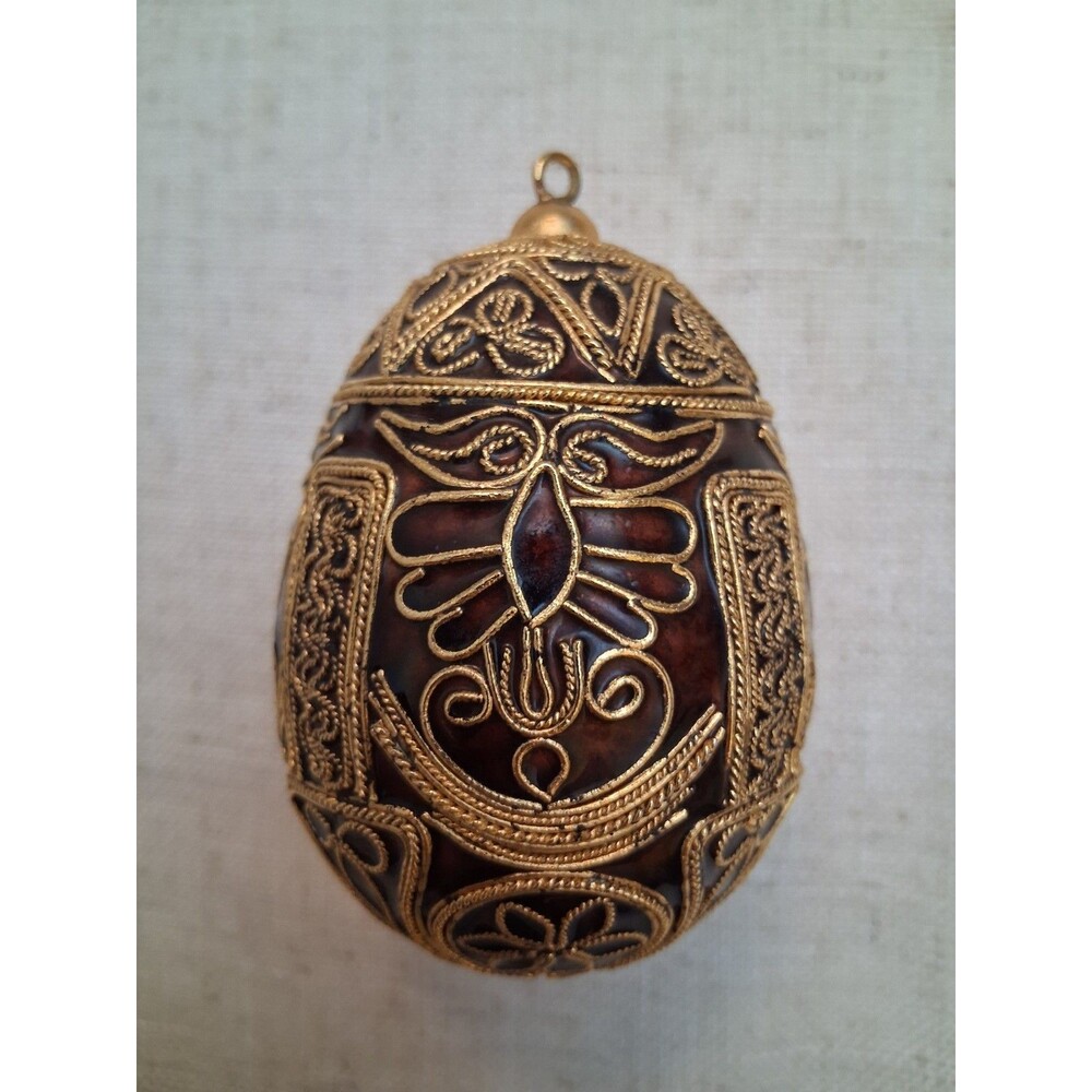 Vintage Cloisonné Egg Ornament Burgundy & Gold Filigree Enamel Handcrafted 3”